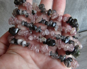 Tourmaline Quartz and Strawberry Quartz Bracelet Chip on Stretchy String