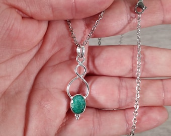 Emerald Pendant Sterling Silver Twist Style with Stainless Steel Chain