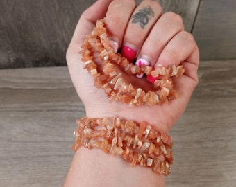 Peach Moonstone Bracelet Stretchy String Chip Crystals