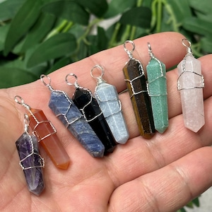 Double Terminated Gemstone Wand Wire Wrapped Pendant