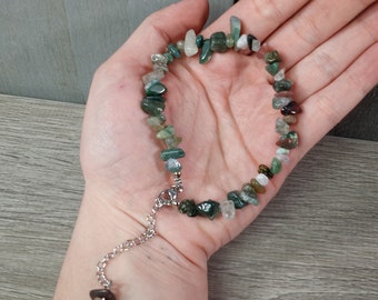 Moss Agate Ankle, Bracelet Adjustable Length 8 - 10 inches Chip Crystals