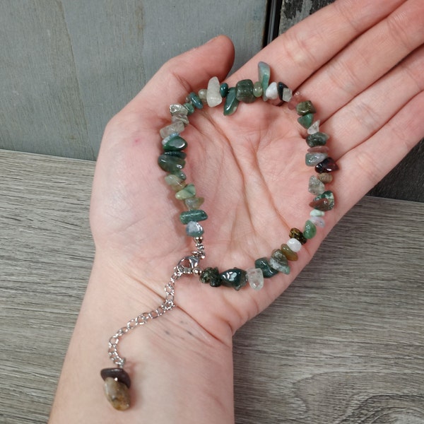 Moss Agate Ankle, Bracelet Adjustable Length 8 - 10 inches Chip Crystals