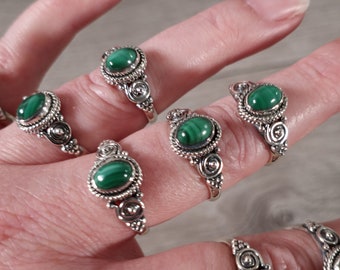 Malachite Ring Sterling Silver 925 Boho Old School Swirls