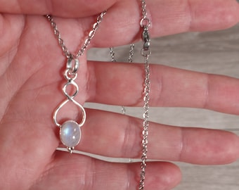 Rainbow Moonstone Sterling Silver Pendant with Stainless Steel Chain