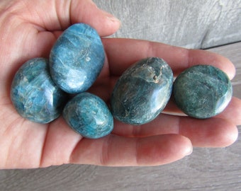 Puede incluir: Una colección de seis piedras pulidas y rodadas en tonos azules y verdes. Las piedras varían en tamaño y forma, con una textura suave y brillante. Las piedras se sostienen en una mano, mostrando su belleza natural y variaciones de color.
