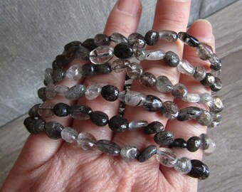Tourmalinated Quartz Bracelet Oval, Stretchy String for Layering and Stacking