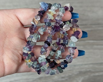 Purple Fluorite Chip Stretchy String Bracelet G381