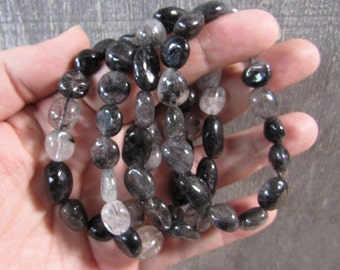 Black Tourmalinated Quartz Bracelet Stretchy String, Nugget Style Crystals