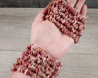 Rhodonite Bracelet Beaded Crystal Chips on Stretchy String Longer Style