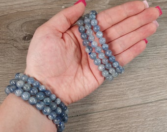 Blue Kyanite Bracelet 6 to 7 mm Stretchy String Beaded with Round Crystals