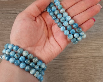 Blue Apatite Bracelet 8 mm Stretchy String Beaded with Round Crystals