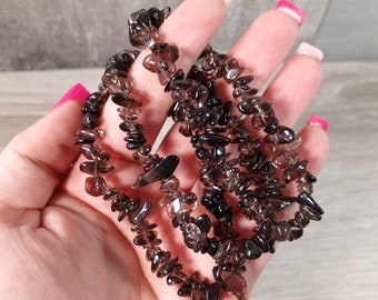 Smoky Quartz Bracelet Beaded Crystal Chips on Stretchy String Longer Style
