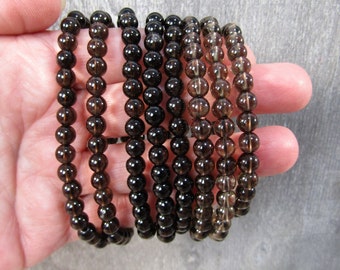 Smoky Quartz 5 to 6 mm Round Stretchy Beaded Bracelet G133