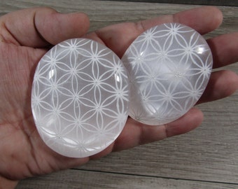 Selenite Palm Stone 2.5 inch Etched Flower of Life SL29