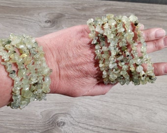 Prehnite with Epidot Bracelet Beaded Crystal Chips on Stretchy String Longer Style