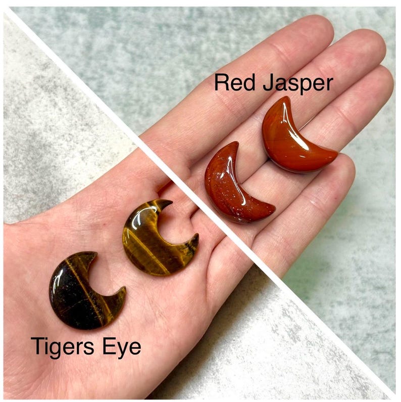 May include: Three crescent moon-shaped gemstones: two Tiger's Eye and two Red Jasper. The Tiger's Eye stones have brown and gold stripes. The Red Jasper stones are a deep red color. The text "Tigers Eye" and "Red Jasper" are in the image.