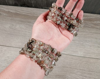 Chlorite, Garden Quartz Bracelet Crystal Chips on Stretchy String Longer Style