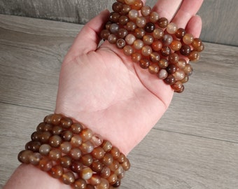 Brown Agate Bracelet Round Stretchy String 8 mm Crystals