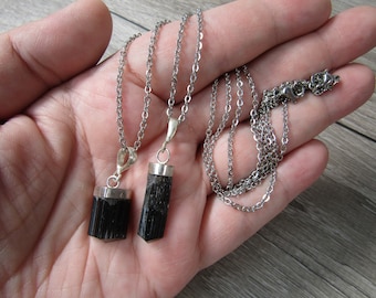 Black Tourmaline Silver Pendant with Stainless Steel Chain P86