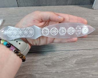 Selenite Symbol Flower of Life, Double Sided  8 inch Etched Athame SL91