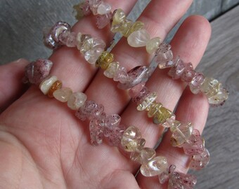 Rutilated Quartz and Strawberry Quartz Bracelet Chip Boho Style 004