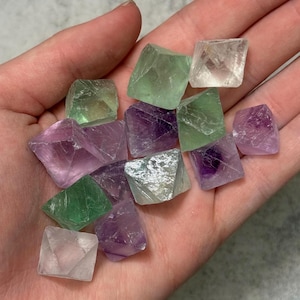 May include: A collection of raw fluorite crystals in shades of green, purple, and clear. The crystals are held in a hand, showcasing their natural, geometric shapes and varying translucency. The crystals are a mix of sizes.