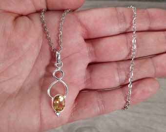Citrine Pendant Sterling Silver Twist Style with Stainless Steel Chain