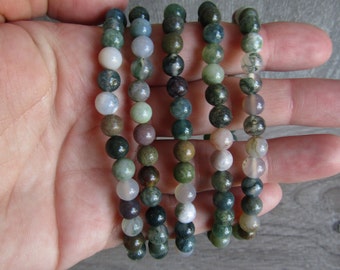 Moss Agate 5 to 6 mm Round Stretchy String Bracelet 020