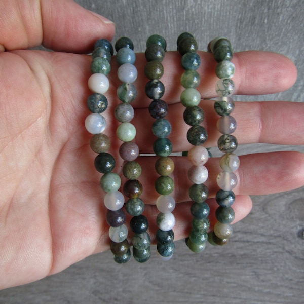 Moss Agate 5 to 6 mm Round Stretchy String Bracelet G18