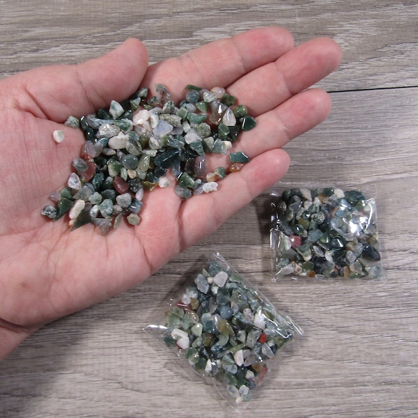 Moss Agate Chip Tumbled Stone Small Bag with 0.8 ounces of Crystals