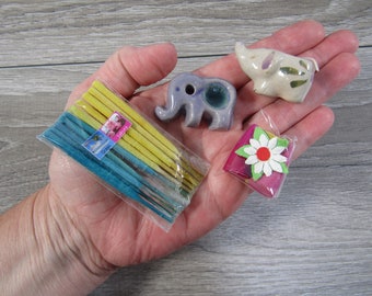 Incense Kit with Elephant Candle - Ocean and Cherry Blossom Gem Sticks X12