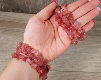 Strawberry Quartz Bracelet Beaded Crystal Chips on Stretchy String Longer Style