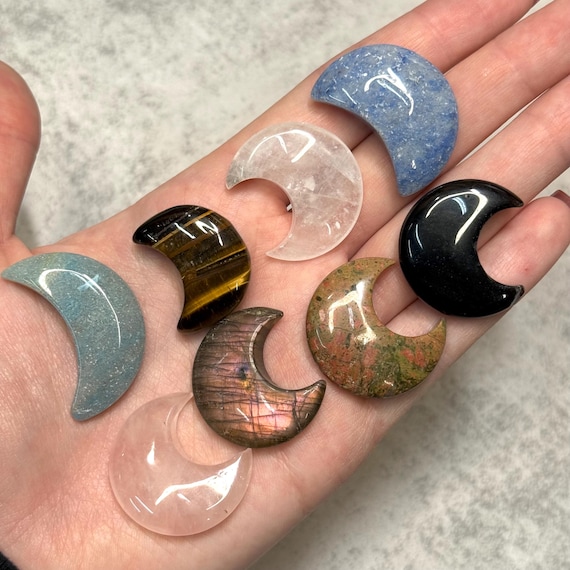 Crescent Moon Charm Set - Natural Gemstone Lunar Trinkets Witchy Boho Pocket Moons