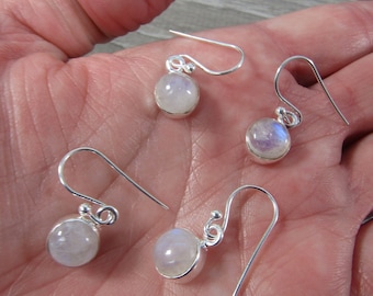 Rainbow Moonstone Earrings Sterling Silver Round Dangly