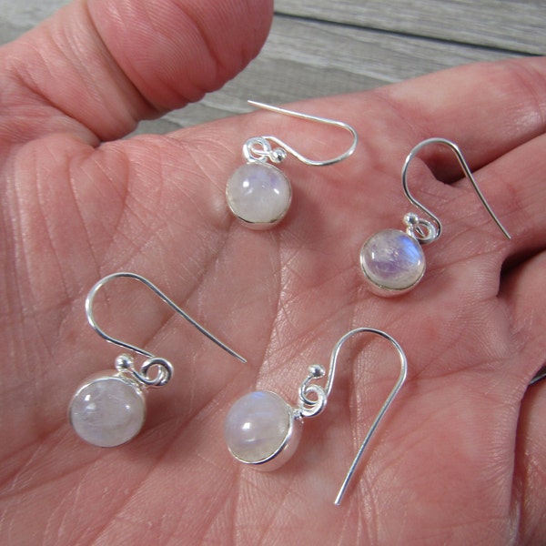 Rainbow Moonstone Earrings Sterling Silver Round Dangly
