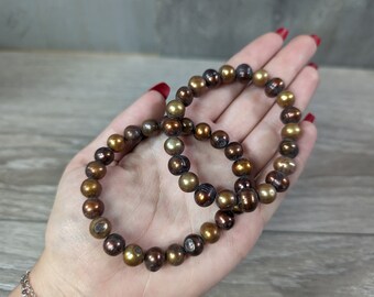 Pearl Golden Brown Fresh Water Stretchy String 9 to 11 mm Beaded Bracelet 154