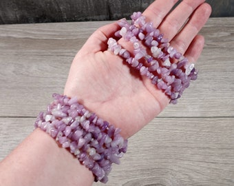 Lepidolite Bracelet Beaded Crystal Chips on Stretchy String Longer Style