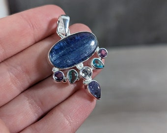 Kyanite Sterling Silver Pendant with Multi Stone Accents of Amethyst, Aquamarine, Tanzanite, Cubic Zirconia