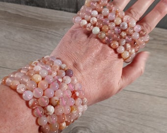 Pink Flower Agate Bracelet 8 mm Round Stretchy String Crystal aka Cherry Agate