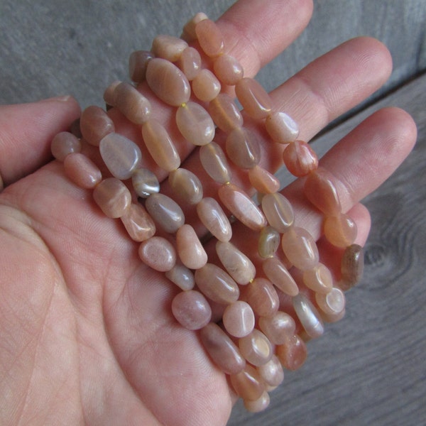 Peach Moonstone Bracelet Stretchy String with Oval Crystals