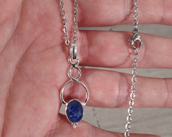 Sapphire Pendant Sterling Silver Twist Style with Stainless Steel Chain