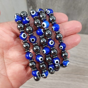 Evil Eye, Hematite 8 mm Stretchy Bracelet G325