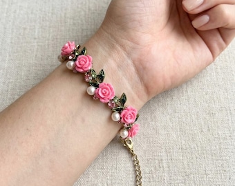 Pink Rose Flower Bracelet, Vintage Victorian Style Floral Jewelry with Pearls and Crystals, Cottagecore Garden Party Accessory, Gift for Her