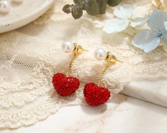Red Crystal Heart Dangle Earrings with Pearl Studs, Romantic Valentine Gift for Her, Handmade Rhinestone Love Jewelry, Elegant Wedding Gift