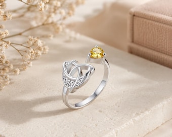 Celtic Knot Birthstone Ring Sterling Silver Open Adjustable Heart Promise Ring for Women Irish Eternity Jewelry Gift for Her Mother Daughter