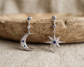 Celestial Asymmetric Earrings, Crescent Moon and North Star Drop Earrings, Silver Dangle Earrings, Boho Galaxy Jewelry, Mismatched Studs