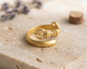 Vajra Dorje Ring, Matte Gold Tibetan Buddhist Ring, Yoga Jewelry, Spiritual Protection Ring, Adjustable Open Band Ring, Gift for Mindfulness