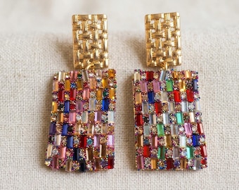 Colorful Crystal Mosaic Drop Earrings, Gold Woven Geometric Dangle Earrings, Rainbow Rhinestone Statement Jewelry, Art Deco gift for gradma