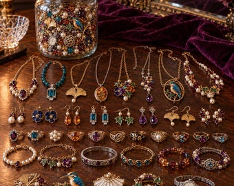 Puede incluir: Un frasco de vidrio grande lleno de joyas variadas, incluyendo collares, pendientes, anillos, pulseras y broches. La colección presenta diversas piedras preciosas, perlas y monturas de metal, con motivos de pájaros, hojas y flores.