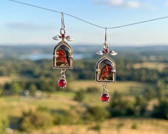 Handcrafted Dainty bird earrings accented with ruby natural stone accent—artistic jewelry perfect as a gift for collegue and huband